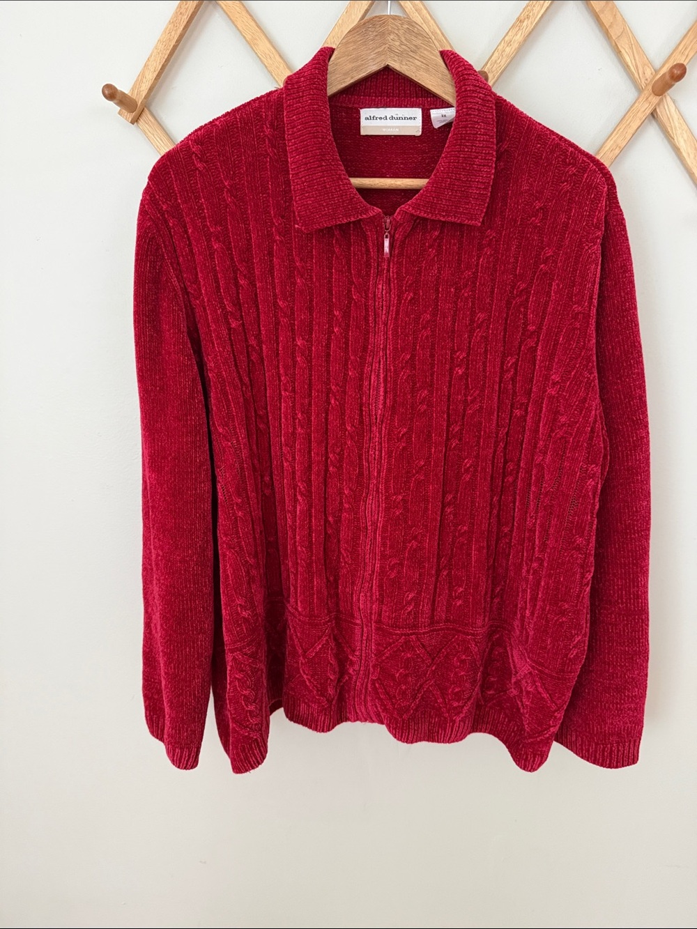 Alfred Dunner 2X Retro Red Chenille Cable Knit Full Zip Collared Sweater